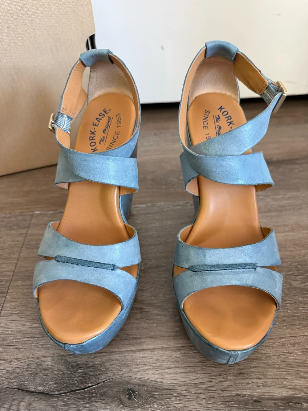 Kork-Ease Steel Blue Suede Platform Wedge Sandals NIB